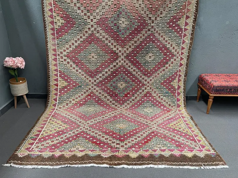 Turkish Rug, 6.7x9.8 ft Large Vintage Rug, Kilim Red Blue Ombré Rug - 1