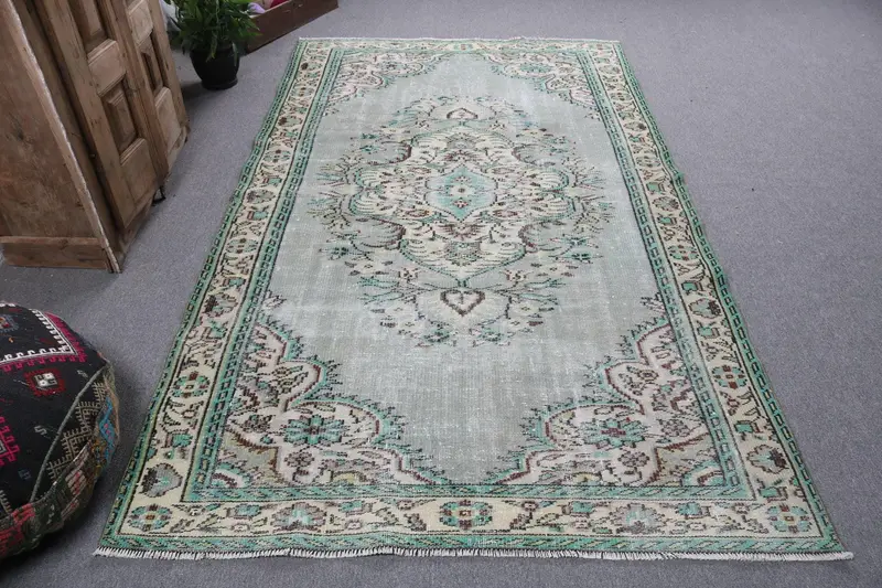 Alfombra grande vintage de 5,1x8,9 pies, alfombra turca de lana del suroeste azul Oushak - 1