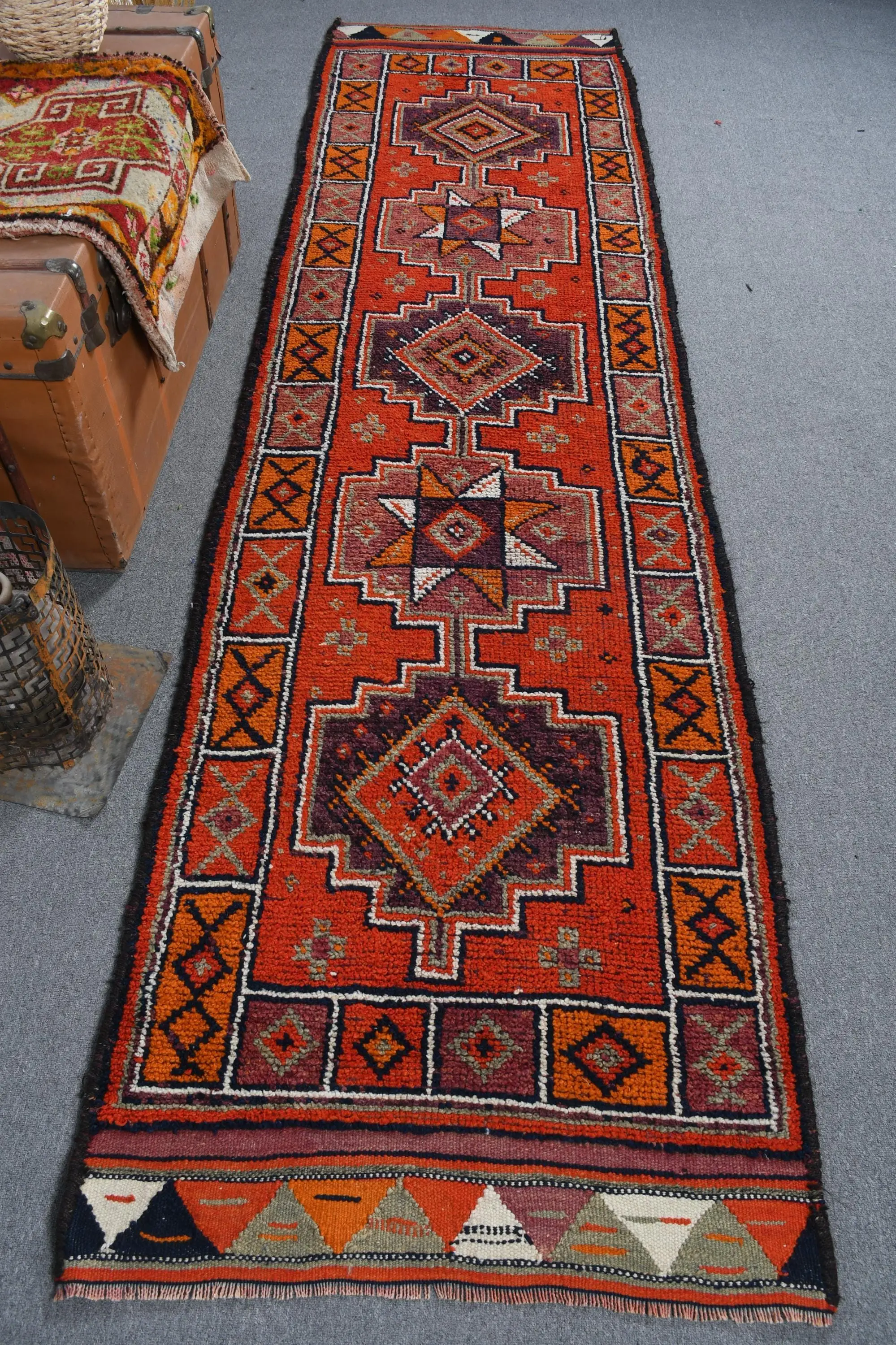 Vintage Turkish Herki Runner Rug 2.8x10.6 ft, Red Check Rug Wool - 1