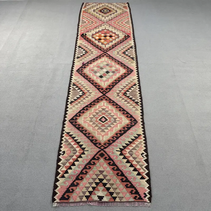 Vintage Turkish Kilim Rug 2.8x12 ft, Red Runner Floral Wool Rug - 1