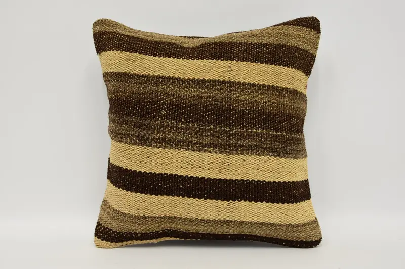 Turkish Antique Holiday Decor Pillow, TexturedBeige 30x30 cm Wool Striped Pillow Sham - 1