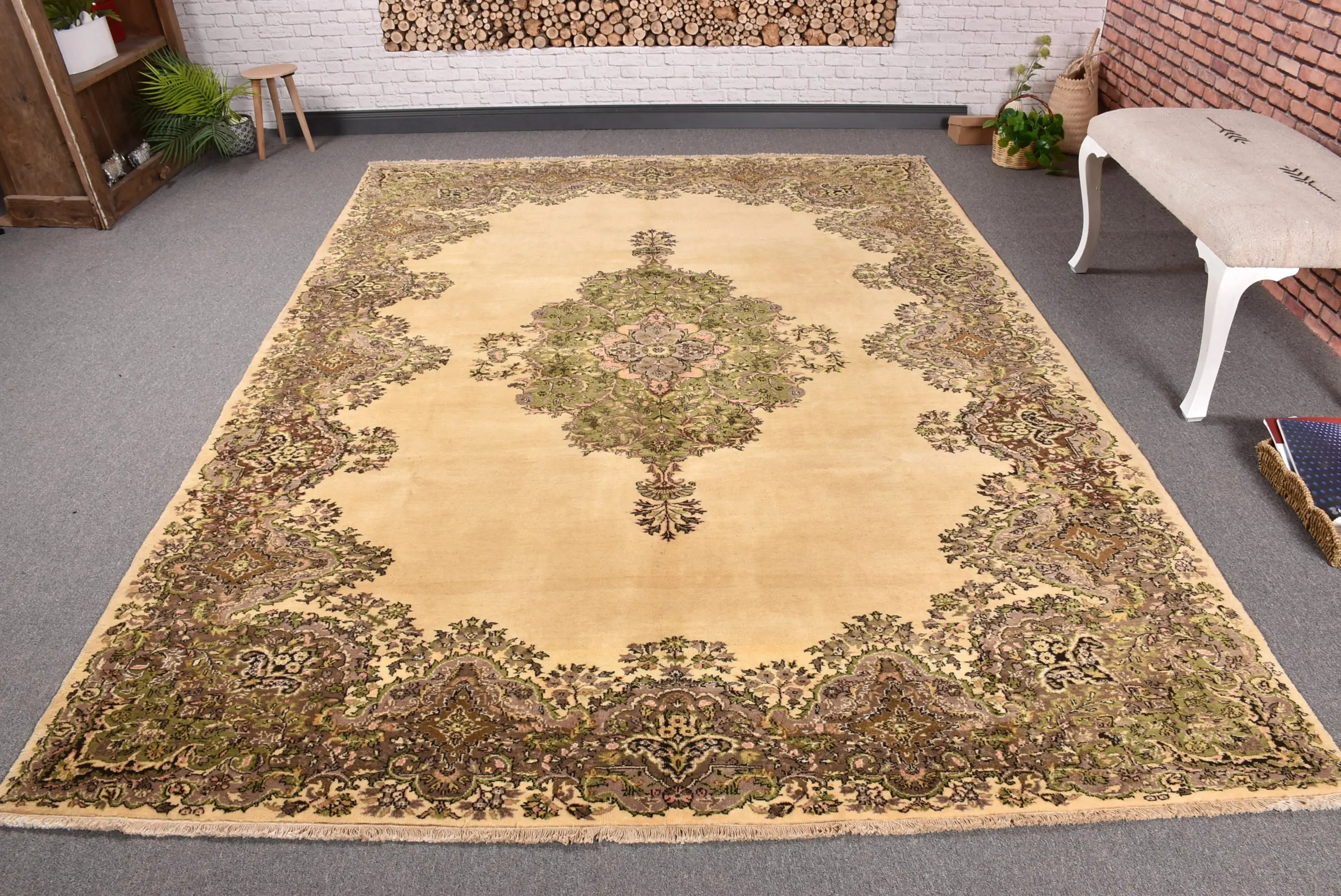 Vintage Türk Büyük Halı 6.7x9.4 ft, Kahverengi Yeşil İkat Yün Halı - 1