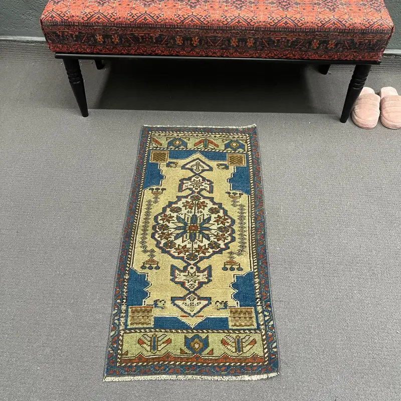 Turkish Vintage Rug 1.5x3.3 ft, Oushak Blue Oriental Wool Rug - 1