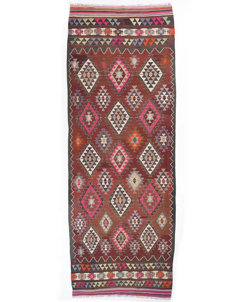 Elegante alfombra marrón, 4,8x12,9 pies con detalles en rosa