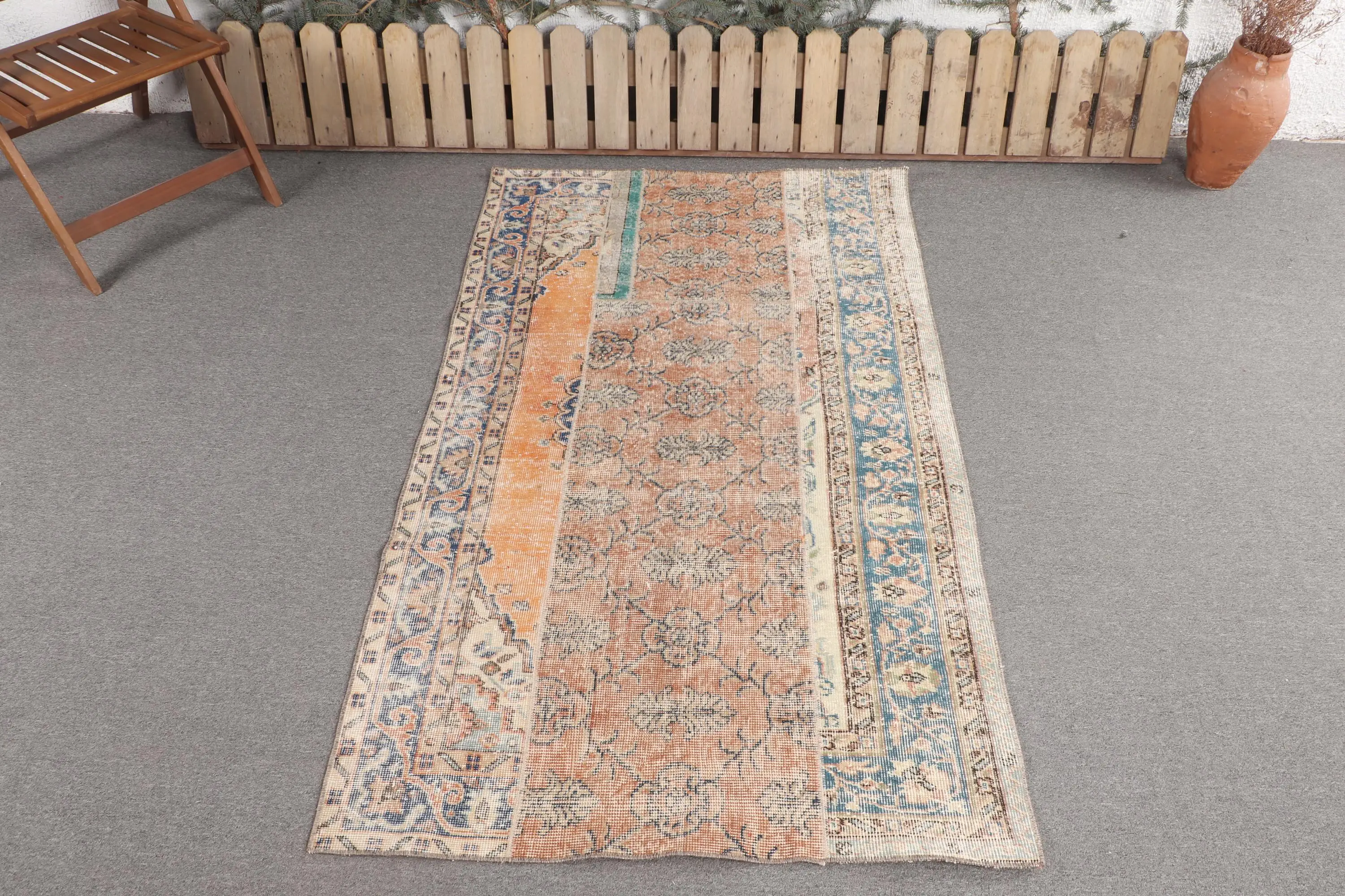 3.5x6.2 ft Vintage Halı, Türk Vurgulu Halı, Mavi Turuncu Kareli Halı - 1