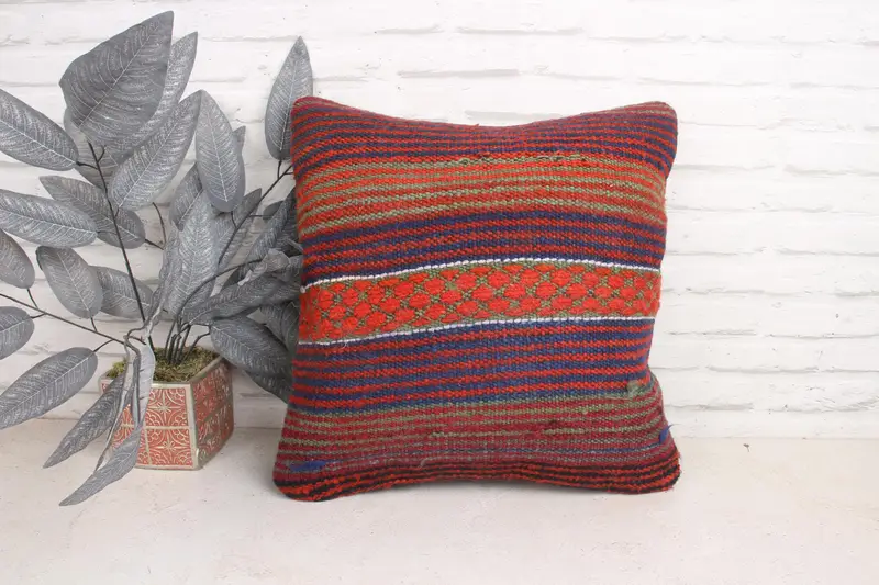 Floor Cushion Cover, Pillow for Sofa, Bed Pillow, Ethnical Kilim Rug Pillow, Pillow Sham, Aztec Pillow Case, 18x18 Blue Cushion Case, Gift Pillow - 1