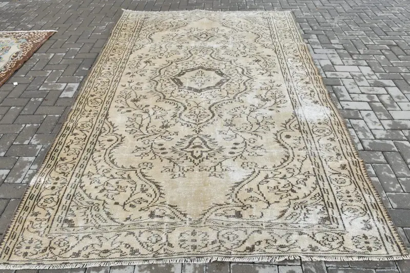 Türk Vintage Oushak Halı 6x9.5 ft, Kahverengi Büyük Çizgili Yün Halı - 1