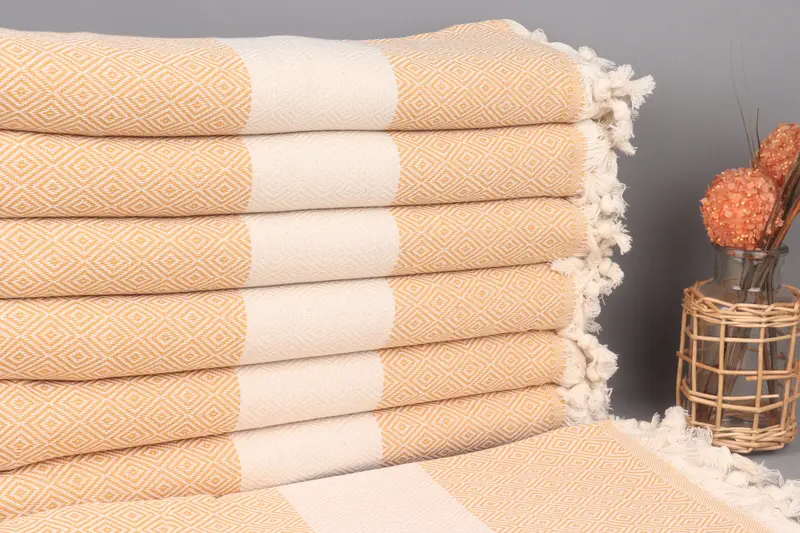 Turkish Beach Towel Mustard Diamond, Organic Cotton, Beige, 40x71 Inches