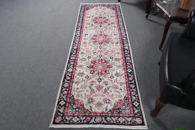 Vintage Oushak Halı 2.6x8.1 ft, Kırmızı Mavi Kamuflaj Yün Türk Halısı - 1