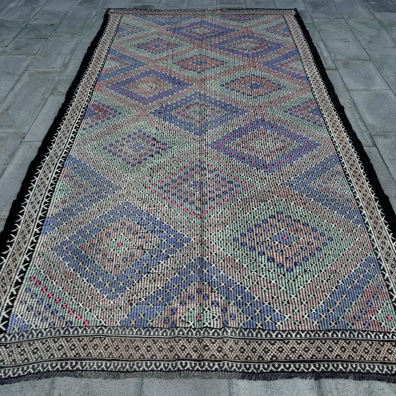 エレガントなグリーン&パープルモロッコラグ、6x12フィート