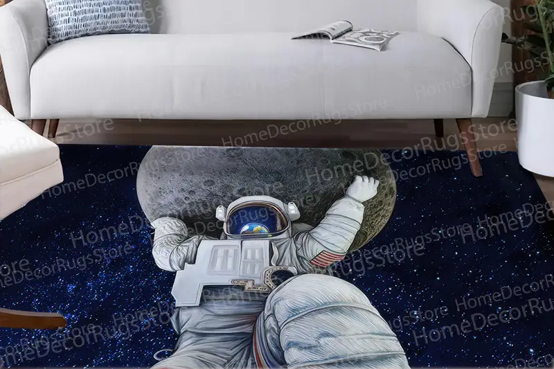 Astronaut Moon Galaxy Printed Rug: Space Themed Decor