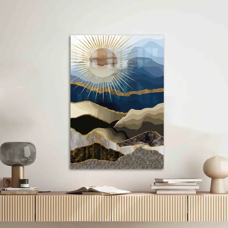 Shimmery Mountain View Printed Glass: Modern Abstract Landscape