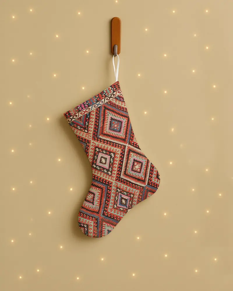 Festive Red and Beige Christmas Stocking, Ornamental Holiday Decoration