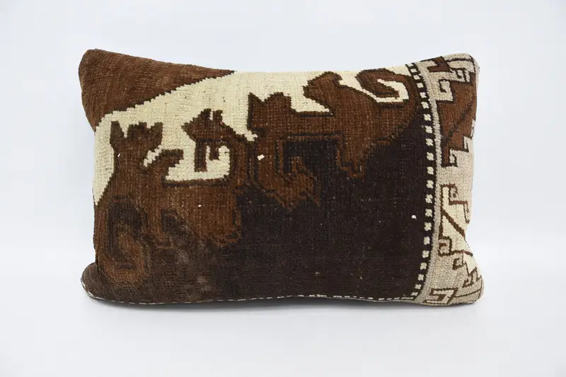 Turkish Kilim Pillow, Retro Pillow, Vintage Kilim Pillow, 16x24 Brown Cushion, Natural Cushion Cover, Pillow Case, Antique Pillows - 1