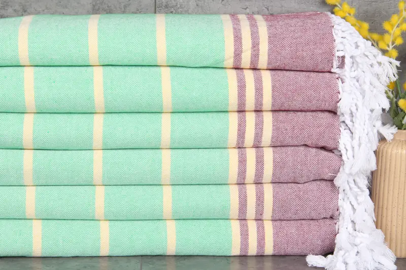 Custom Beach Towel Turkish Cotton Burgundy-Green Stripes, 36x71 Inches