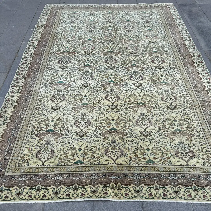 Türkischer Teppich, 6,4 x 9,6 Fuß großer Vintage-Teppich, Oushak-Braun-Grün-Teppich - 1