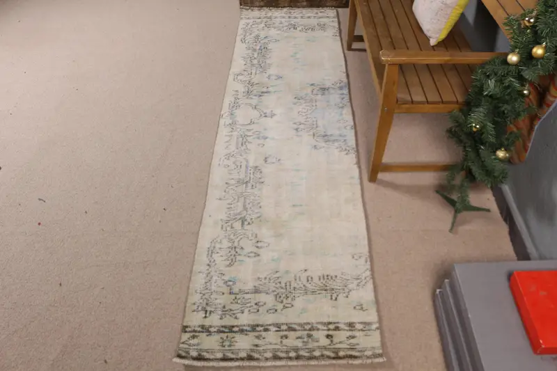 Elegante alfombra oriental beige y azul, 7 x 3 m