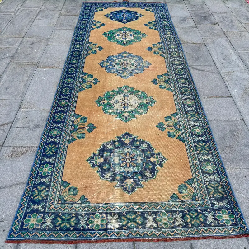 Turkish Vintage Rug, 4.1x11.5 ft Oushak Rug, Blue Check Wool Rug - 1