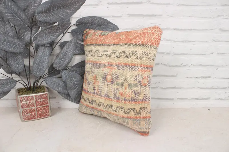 Farmhouse Cushion Case, Kilim Pillow, Square Throw Pillow Sham, Home Decor Pillow, 14x14 Orange Pillow Sham, Pillow for Couch, Pillow Case - 4
