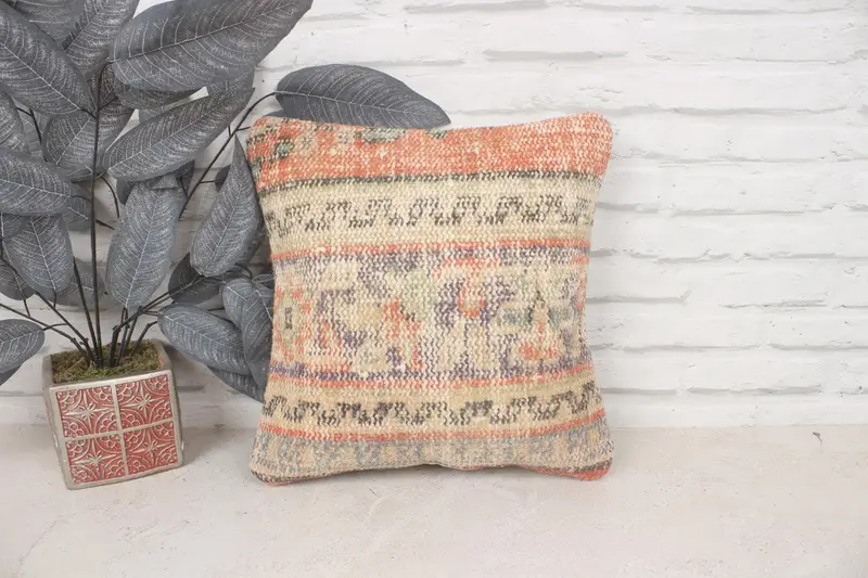 Farmhouse Cushion Case, Kilim Pillow, Square Throw Pillow Sham, Home Decor Pillow, 14x14 Orange Pillow Sham, Pillow for Couch, Pillow Case - 1