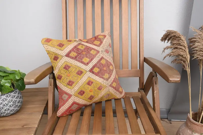 Boho Throw Pillow Case, Kilim Pillow, Vintage Pillow, Colorful Cushion, 16x16 Red Cushion, Bench Pillow Sham, Turkish Pillow, Cushion Case - 1