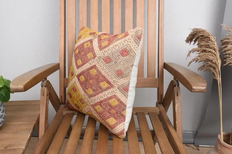 Boho Throw Pillow Case, Kilim Pillow, Vintage Pillow, Colorful Cushion, 16x16 Red Cushion, Bench Pillow Sham, Turkish Pillow, Cushion Case - 3