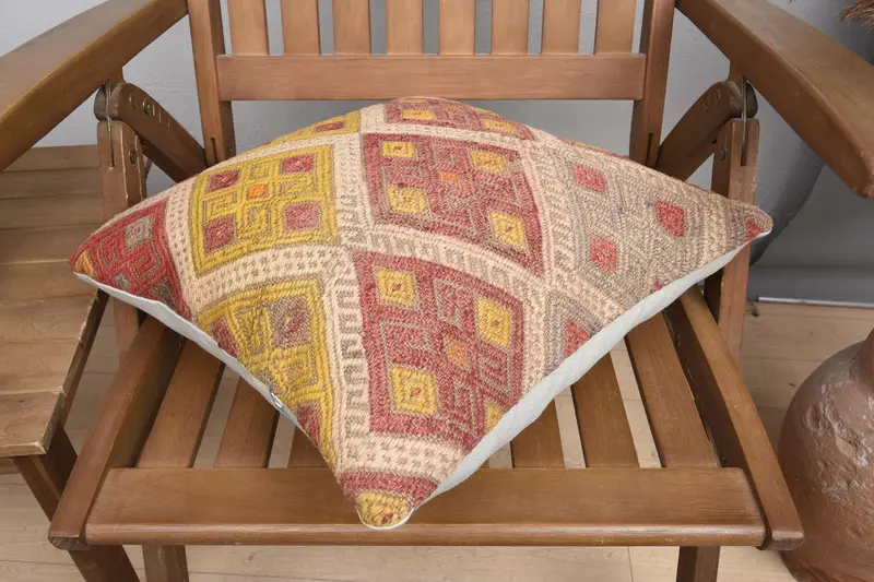 Boho Throw Pillow Case, Kilim Pillow, Vintage Pillow, Colorful Cushion, 16x16 Red Cushion, Bench Pillow Sham, Turkish Pillow, Cushion Case - 4