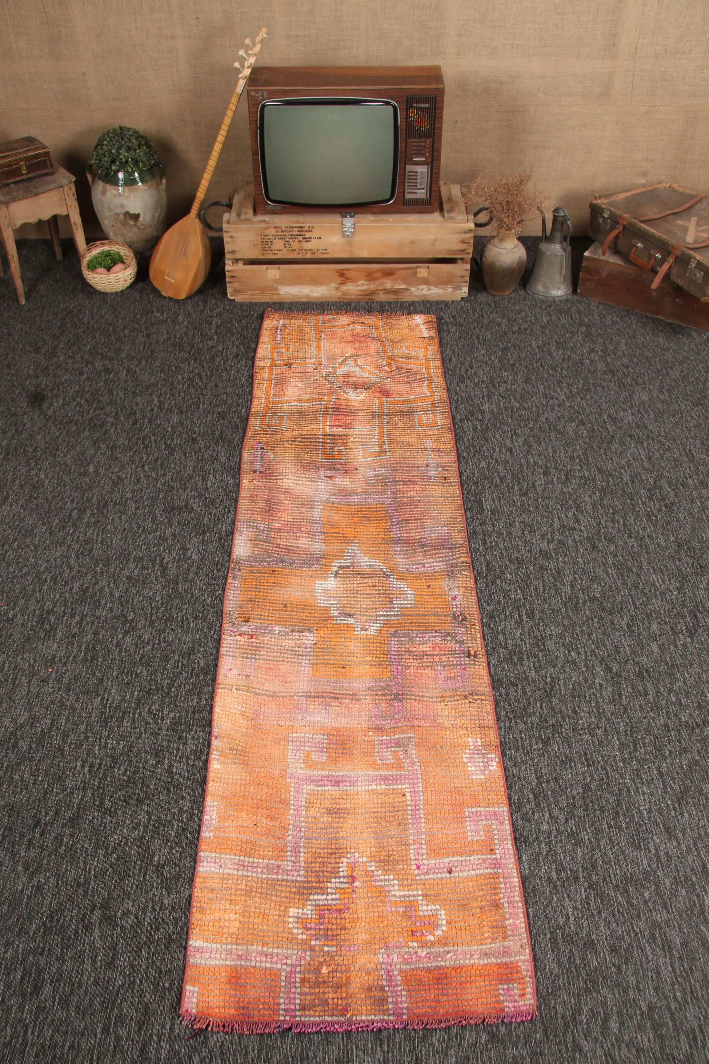 2.4x8.7 ft Turkish Rug, Vintage Small Rug, Orange Geometric Rug - 1