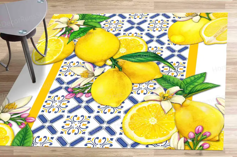 エレガントなイエロースクエアプリントラグ：夏のレモン愛好家キッチンの装飾
