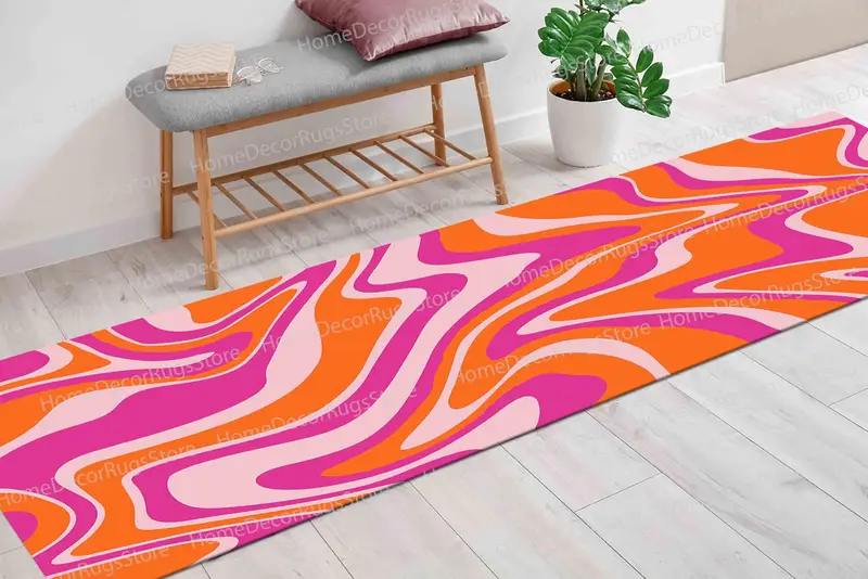 トレンディなサイケデリック プリント ラグ: 鮮やかなオレンジとピンクのデザイン