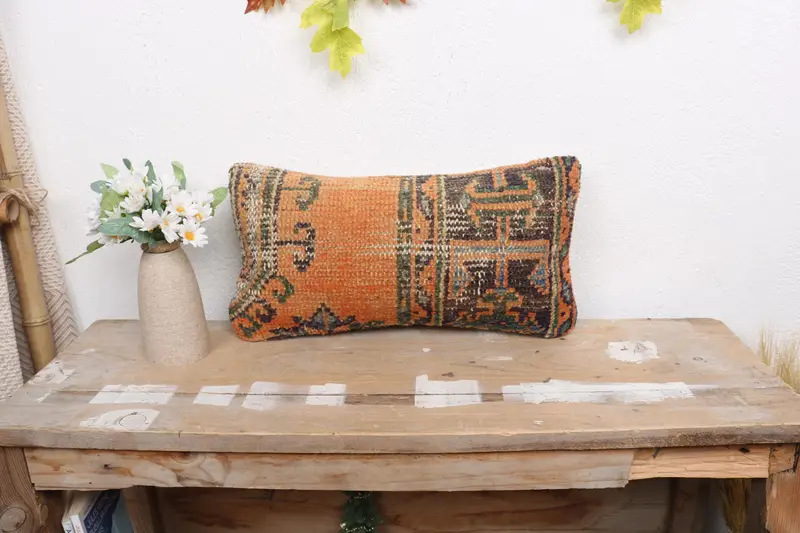 Cushion, 8x16 Orange Pillow, Turkish Kilim Pillow, Ethnic Throw Pillow Case, Ethnical Kilim Rug Pillow, Kilim Pillow, Vintage Throw Cushion - 1