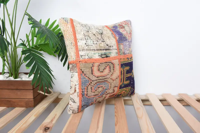 Home Decor Pillow, Pillow, Vintage Cushion, 16x16 Blue Cushion Case, Vintage Kilim Throw Pillow, Boho Pillow Sham Cover - 4
