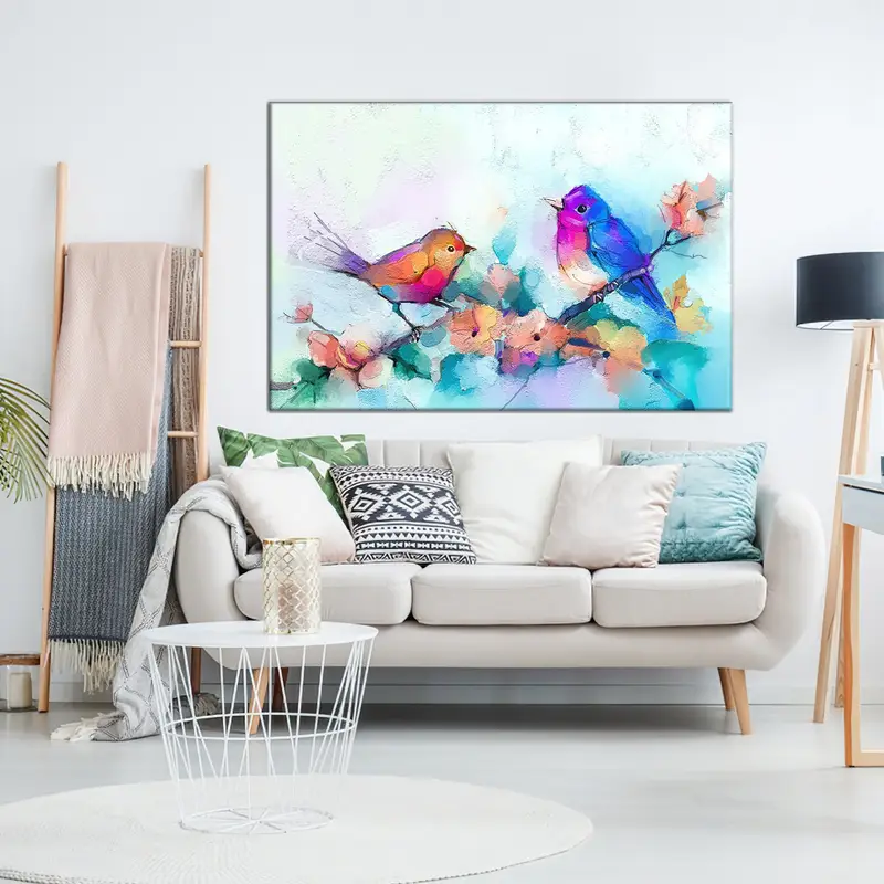 Dos lindos pájaros, pintura de pájaros, arte de pared de pájaros, lienzo de pájaros, póster de pájaros, decoración de la pared de pájaros, arte de lona de pájaros, arte de pared de animales, lienzo de animales, - 1