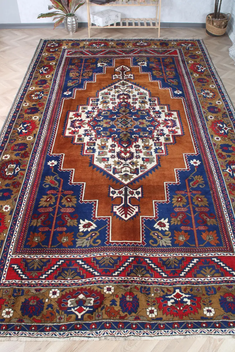 Vintage Türk Halısı 7,7x13,5 ft, Mavi Oushak Halı - 1