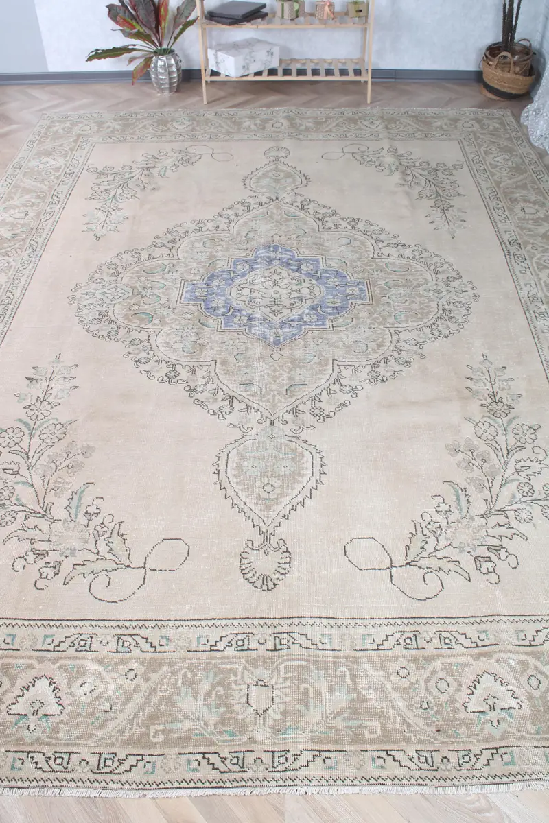 Vintage Turkish Rug, 9.4x12.5 ft Oushak Rug, Beige Blue Wool Rug - 1