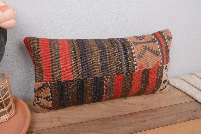 Almohada de tiro patchwork rojo y marrón, almohada bordada hecha a mano de 10x20