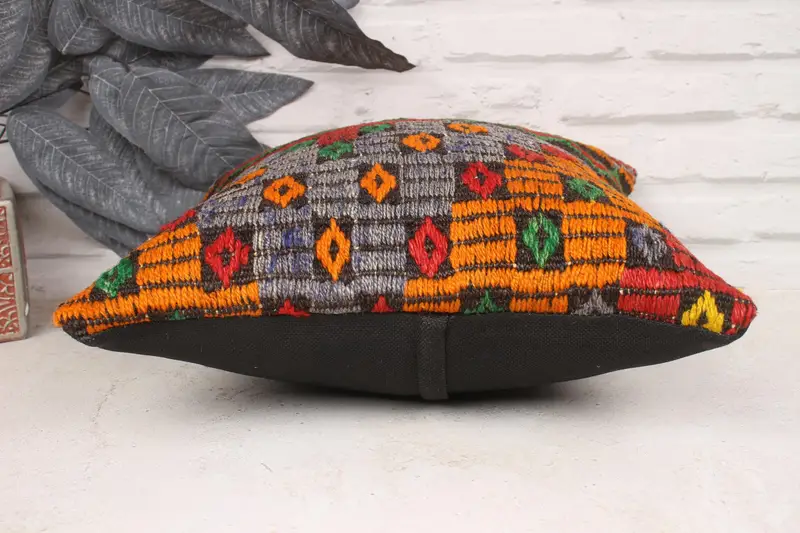 14x14 Orange Pillow Sham, Interior Designer Pillow, Ethnical Kilim Rug Pillow, Pillow Sham, Turkish Corner Cushion Cover, Antique Pillows - 5