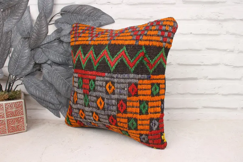 14x14 Orange Pillow Sham, Interior Designer Pillow, Ethnical Kilim Rug Pillow, Pillow Sham, Turkish Corner Cushion Cover, Antique Pillows - 4