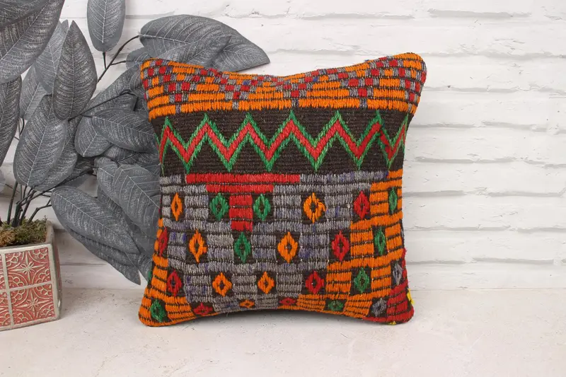 14x14 Orange Pillow Sham, Interior Designer Pillow, Ethnical Kilim Rug Pillow, Pillow Sham, Turkish Corner Cushion Cover, Antique Pillows - 1