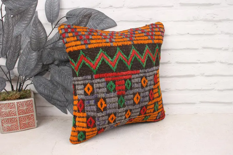 14x14 Orange Pillow Sham, Interior Designer Pillow, Ethnical Kilim Rug Pillow, Pillow Sham, Turkish Corner Cushion Cover, Antique Pillows - 3