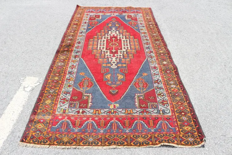 4,8x9,3 ft türkischer Teppich, großer Vintage-Teppich, rot-blauer Tierdruck-Wollteppich - 1