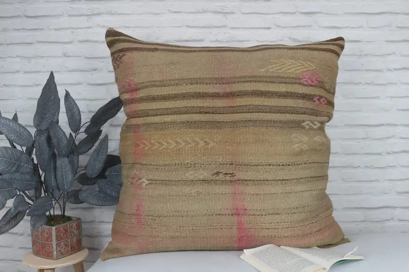 Custom Pillow Case, Boho Pillow, Square Throw Cushion, Throw Kilim Pillow, Kilim Pillow Cover, Cushion Case, 32x32 Beige Cushion Cover - 2
