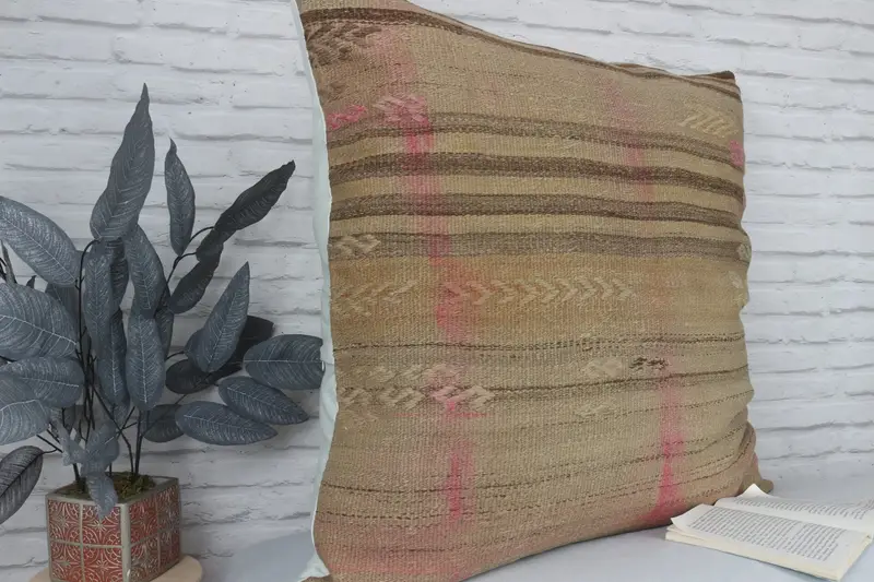 Custom Pillow Case, Boho Pillow, Square Throw Cushion, Throw Kilim Pillow, Kilim Pillow Cover, Cushion Case, 32x32 Beige Cushion Cover - 3