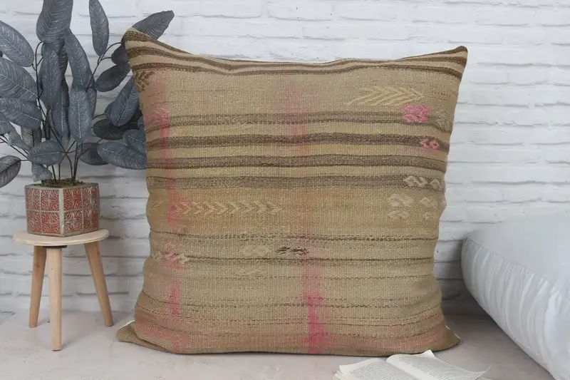 Custom Pillow Case, Boho Pillow, Square Throw Cushion, Throw Kilim Pillow, Kilim Pillow Cover, Cushion Case, 32x32 Beige Cushion Cover - 1