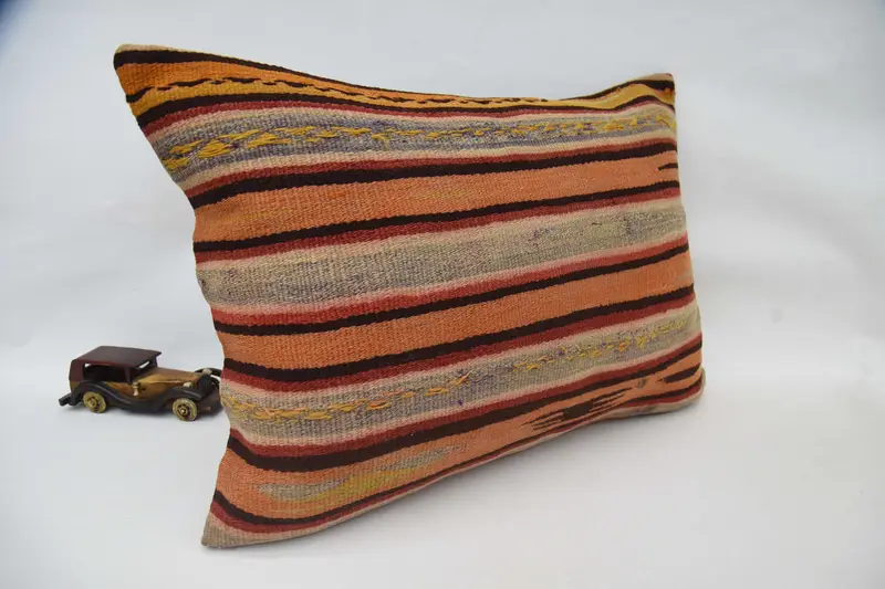 Boho Pillow, Bolster Throw Pillow Sham, Bright Pillow, Cushion, 20x28 Orange Pillow Sham, Throw Kilim Pillow, Vintage Kilim Throw Pillow - 3