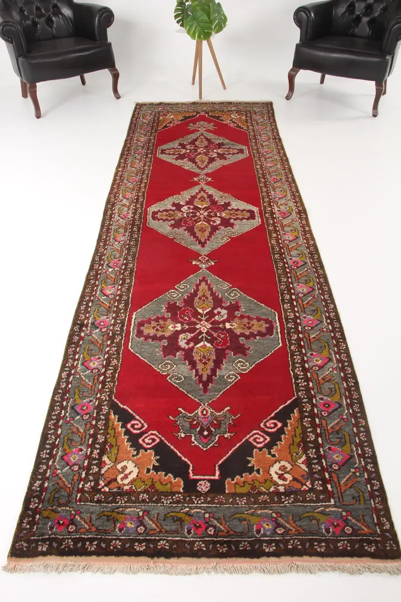 Türk 3.4x11.1 ft Halı, Runner Vintage Halı, Kırmızı Gri Güneybatı Yün Halı - 1