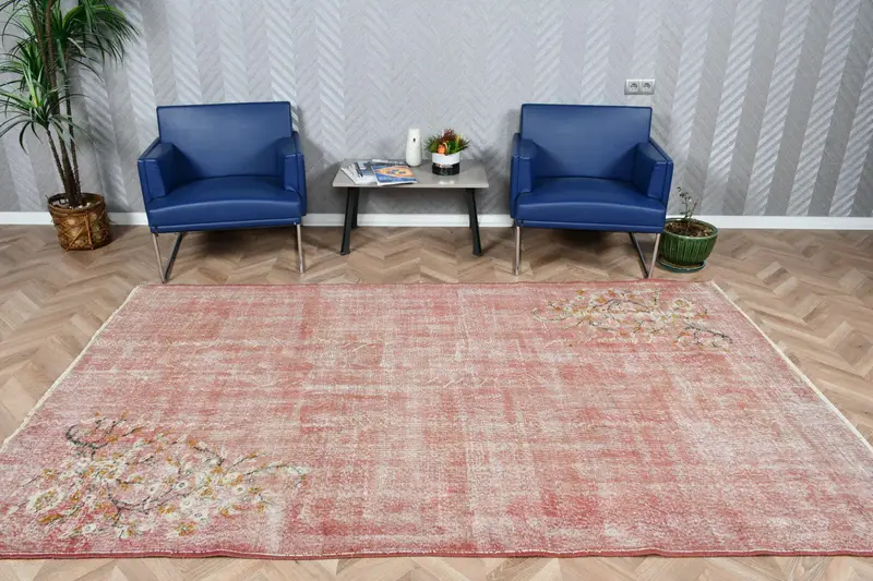 Oushak Halı, 5.7x9.2 ft Vintage Halı, Kırmızı Katı Yün Halı - 1