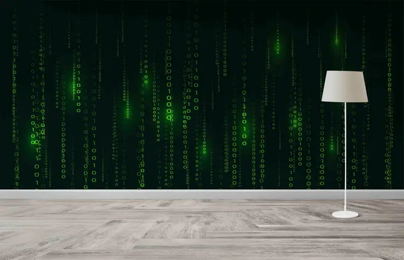 Elegante, mit Matrixcodes bedruckte Tapete: Grün, Schwarz, Software-Thema