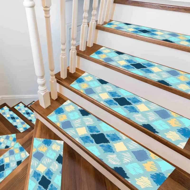 幾何学模様の階段ラグ、モダンなアステカプリント、ブルートーン
