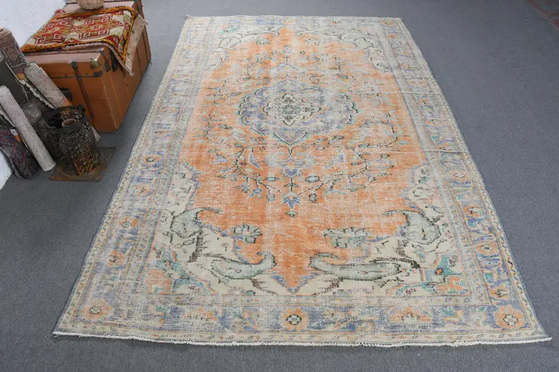 Alfombra grande vintage 6.5x10.1 pies, lana de alfombra del suroeste azul naranja - 1